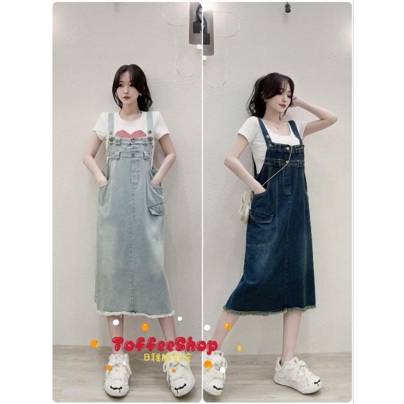 ❤️現貨深藍/淺藍❤️0933減齡趕牛仔吊帶裙大口袋牛仔吊帶長裙裙-細節圖2