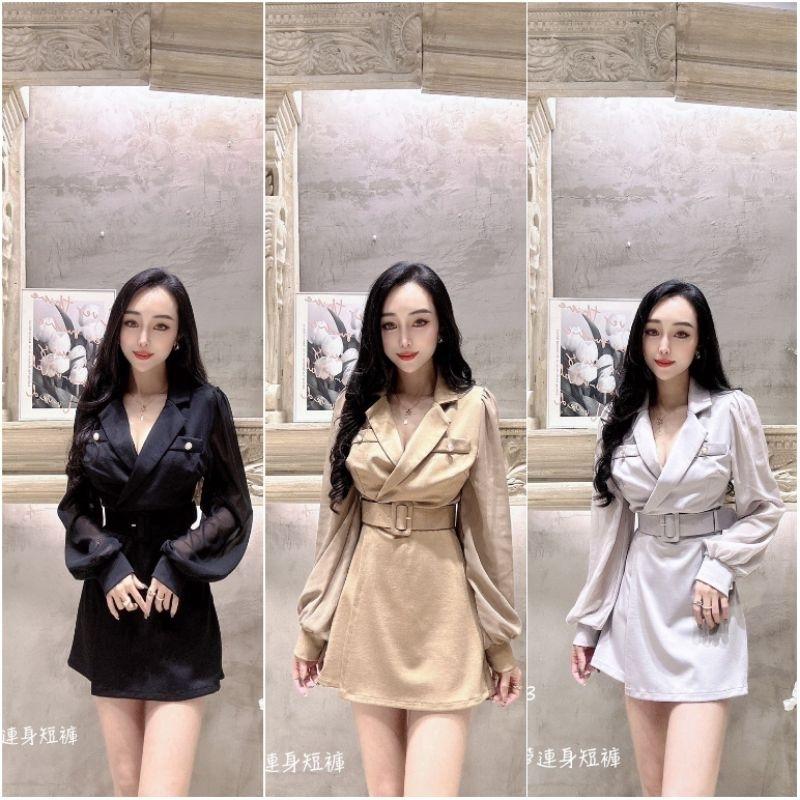 💗現貨卡💗2223西裝領連身褲雪紡袖連身短褲前裙後褲附皮帶-細節圖2