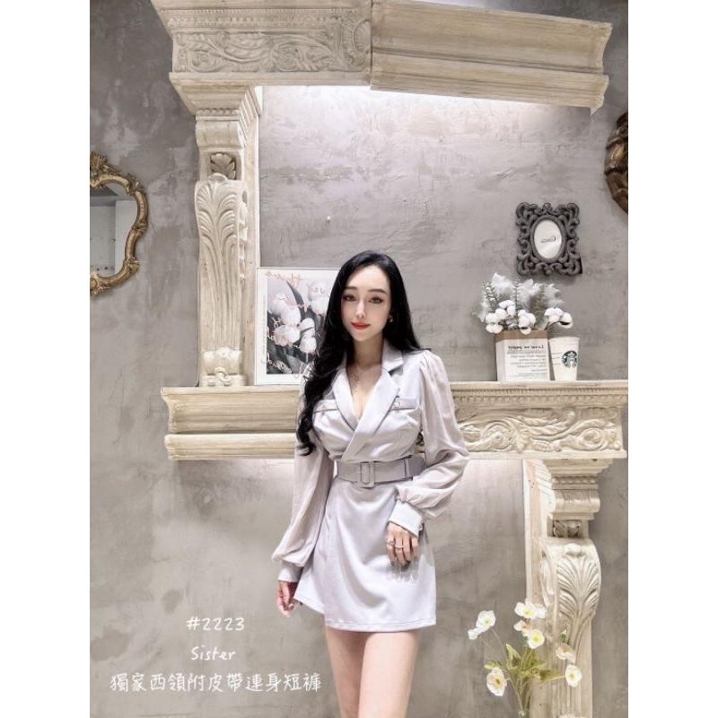 💗現貨卡💗2223西裝領連身褲雪紡袖連身短褲前裙後褲附皮帶-細節圖5