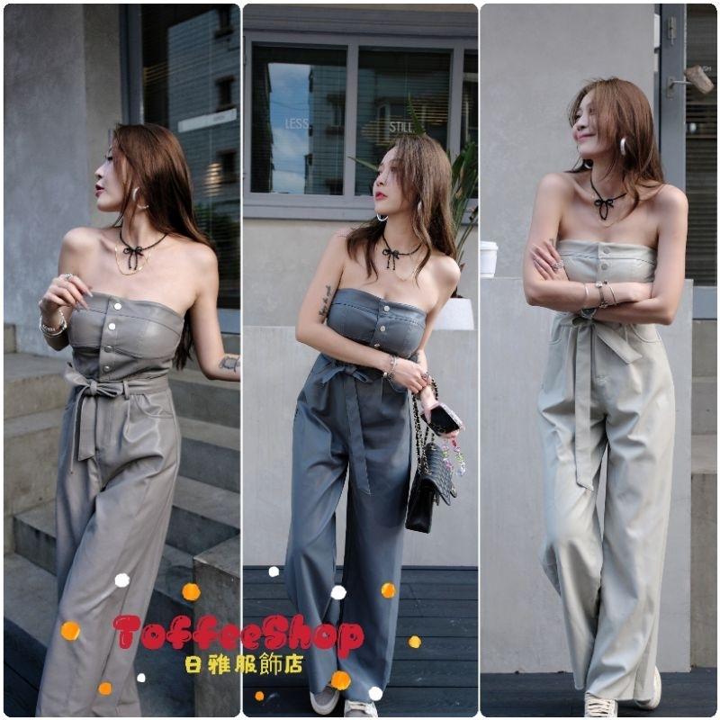 ❤️現貨藍❤️左左家2405高質感愛馬仕本命配色超嫩皮料平口連身褲皮褲連身寬褲皮革連身褲綁帶連身褲-細節圖2