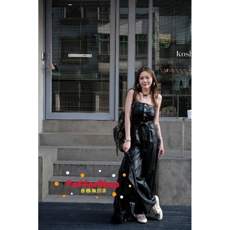 ❤️現貨藍❤️左左家2405高質感愛馬仕本命配色超嫩皮料平口連身褲皮褲連身寬褲皮革連身褲綁帶連身褲-細節圖6