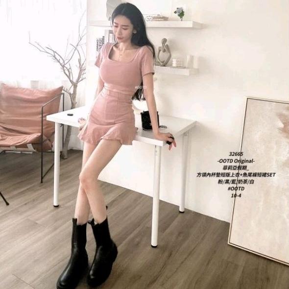 💗現貨奶茶💗32665-OOTD Original-方領內杯墊短版上衣+魚尾裙褲裙短裙SET兩件式套裝-細節圖2