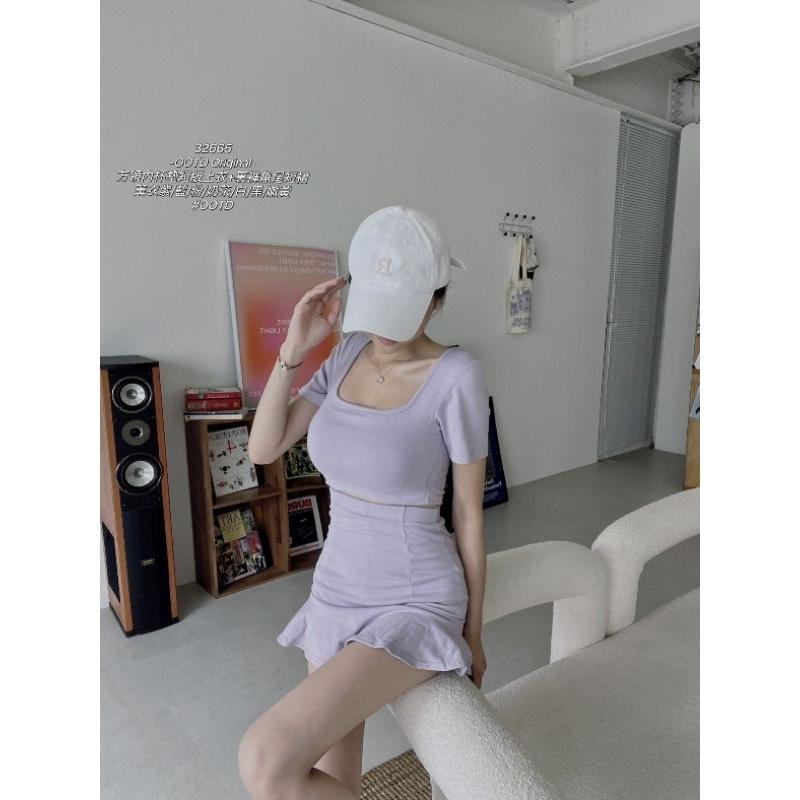💗現貨奶茶💗32665-OOTD Original-方領內杯墊短版上衣+魚尾裙褲裙短裙SET兩件式套裝-細節圖8