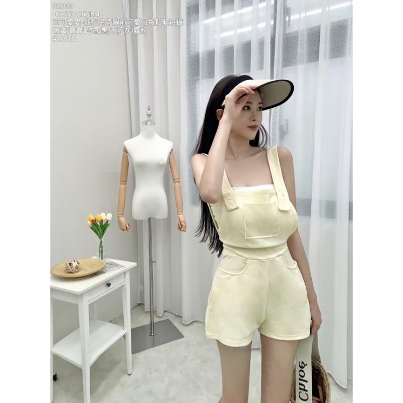 💗現貨黃💗32033-OOTD Original-可可愛愛-鈕扣吊帶胸前可愛口袋鬆緊短褲吊帶褲-細節圖2