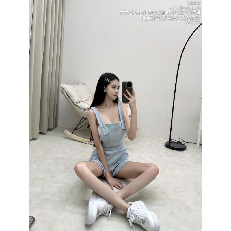 💗現貨黃💗32033-OOTD Original-可可愛愛-鈕扣吊帶胸前可愛口袋鬆緊短褲吊帶褲-細節圖9