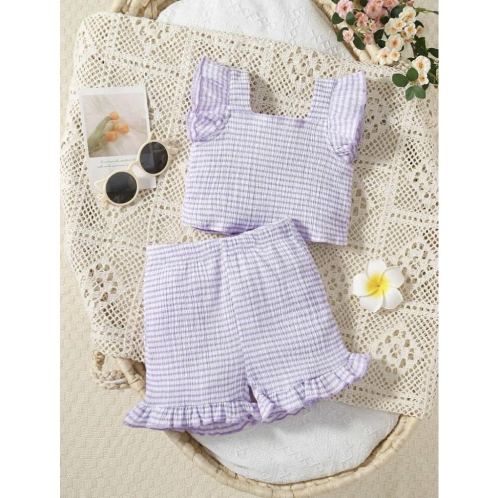 🔥現貨出清秒出🔥女寶服飾/荷葉邊套裝/條紋喇叭褲運動風/夏季短袖短褲套裝/多件出清/全帶超甜價-細節圖3