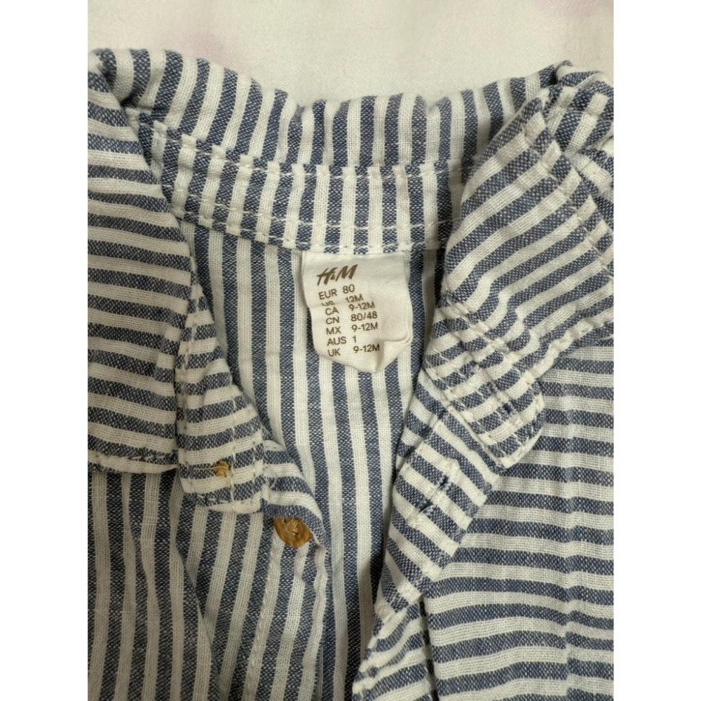 二手 現貨 H&M 男童條紋棉麻襯衫 80CM 9-12M 寶寶過年裝 抓周服 男寶寶 收涎服 長袖襯衫-細節圖3