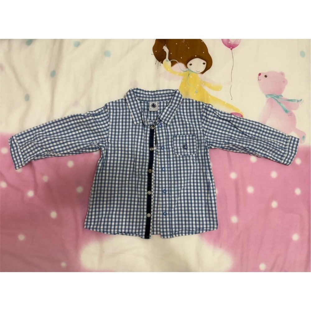 二手 現貨 Petit Bateau法國小帆船 藍色格子長袖襯衫 86CM 寶寶過年裝 抓周服 男寶寶 收涎服 長袖襯衫-細節圖2