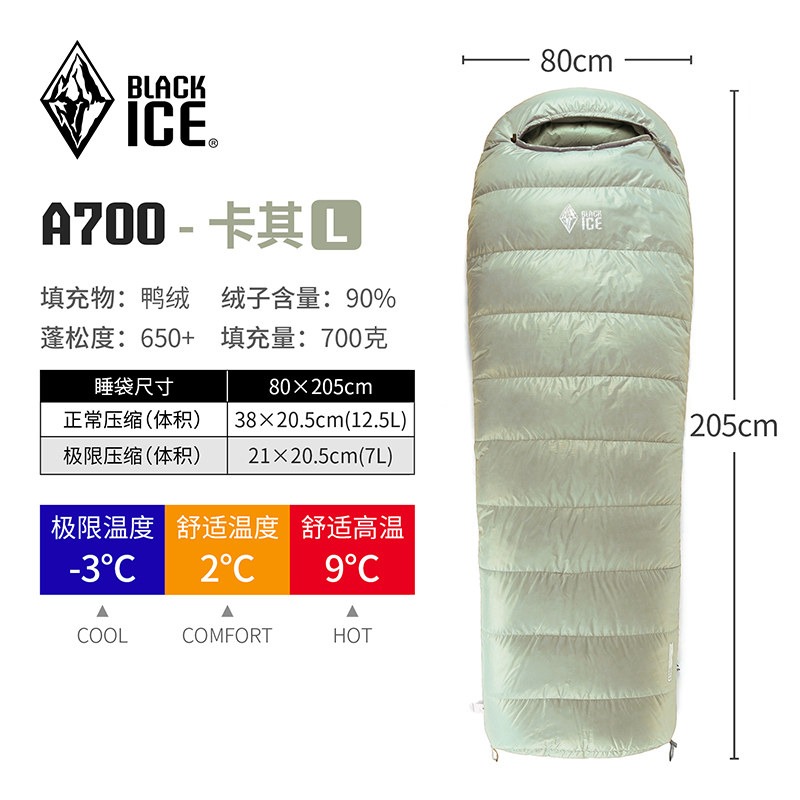 【簡單生活】台灣現貨 A700 黑冰 睡袋 BLACK ICE 授權經銷 鴨絨 登山 露營 戶外-規格圖4