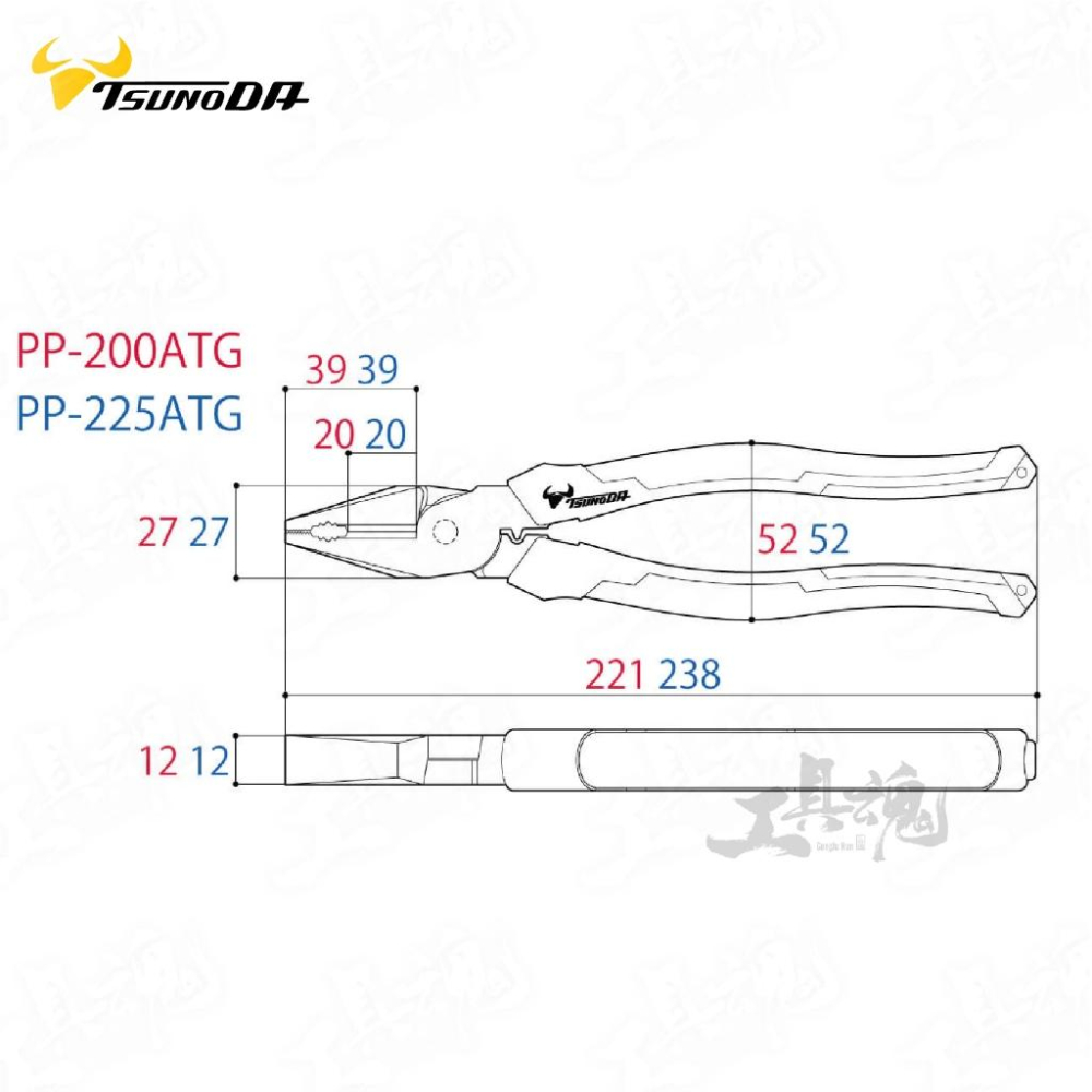 日本製 TTC 強力鋼絲鉗 附壓著 角田 200mm 225mm 鋼絲鉗 PP-200ATG PP-225ATG 老虎鉗-細節圖9