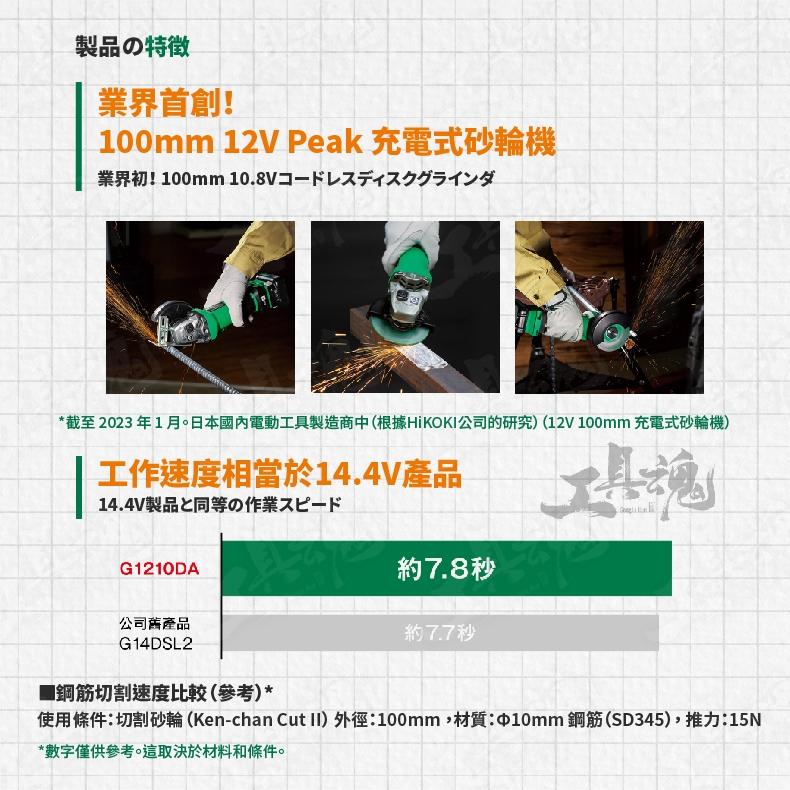 【工具魂】HIKOKI G1210DA 12V 無刷砂輪機 100mm 細軸 砂磨機 角磨機 磨切機 砂輪機 公司貨-細節圖2