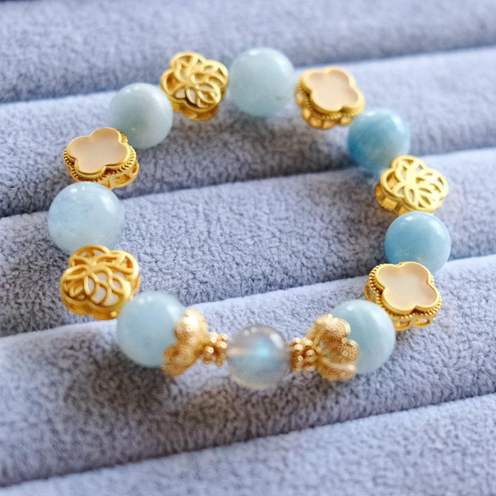 幸運微光丨溝通順暢海藍寶灰月光拉長石幸運四葉草一物一圖丨彌雅原創設計-細節圖2