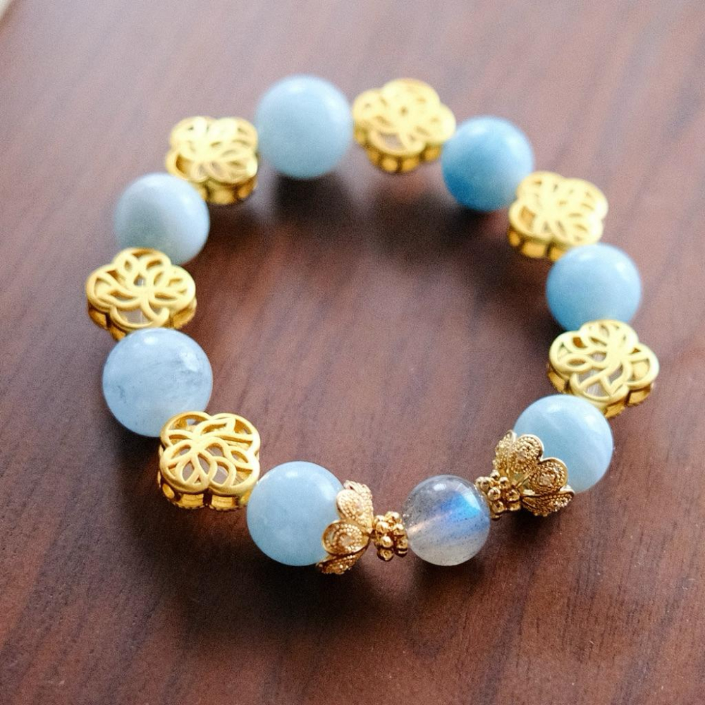 幸運微光丨溝通順暢海藍寶灰月光拉長石幸運四葉草一物一圖丨彌雅原創設計-細節圖3