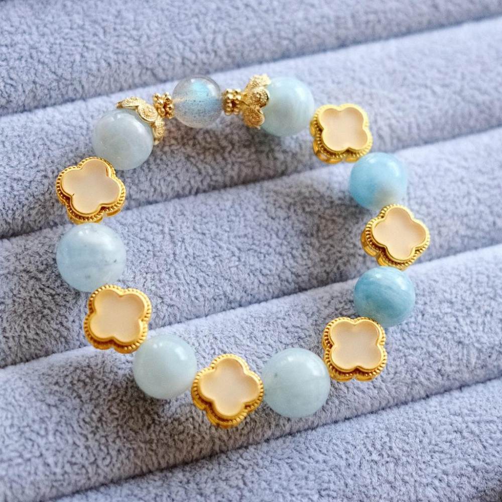 幸運微光丨溝通順暢海藍寶灰月光拉長石幸運四葉草一物一圖丨彌雅原創設計-細節圖4