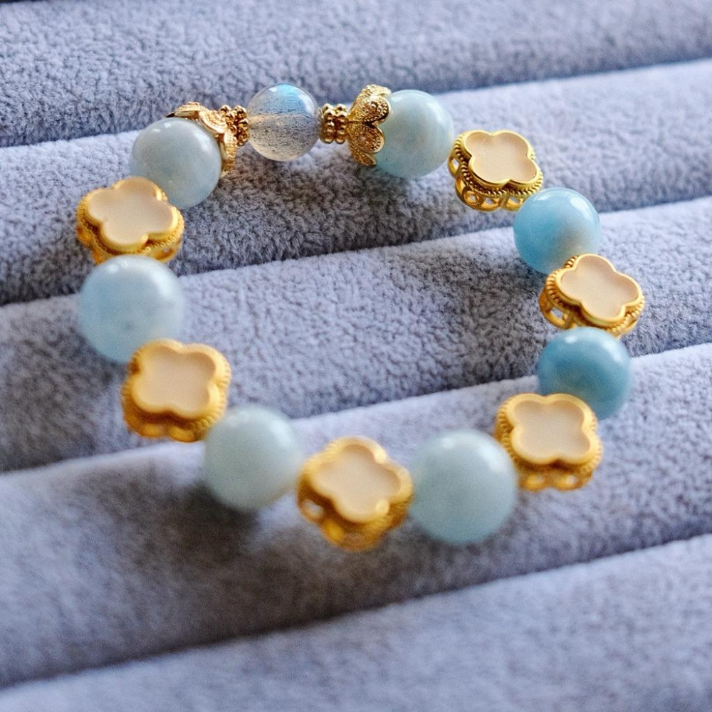 幸運微光丨溝通順暢海藍寶灰月光拉長石幸運四葉草一物一圖丨彌雅原創設計-細節圖5