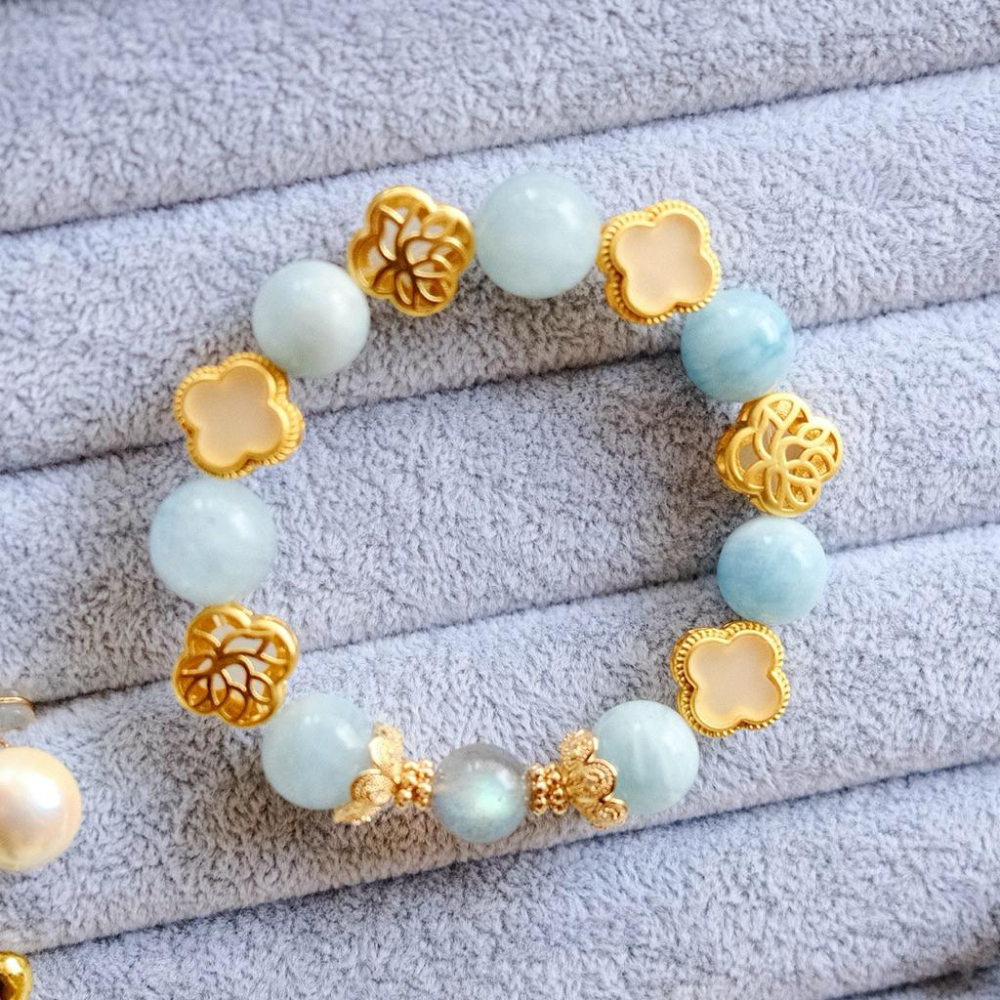 幸運微光丨溝通順暢海藍寶灰月光拉長石幸運四葉草一物一圖丨彌雅原創設計-細節圖6