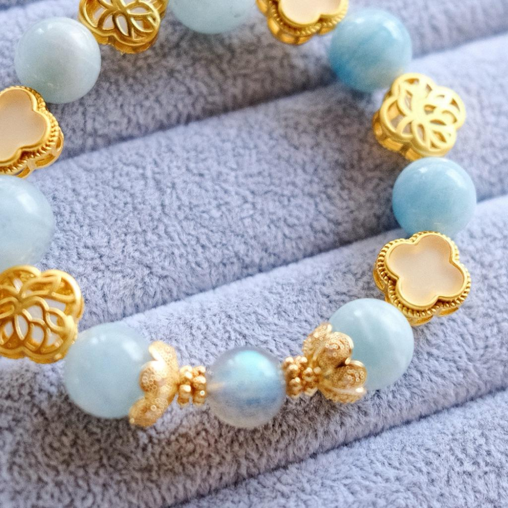 幸運微光丨溝通順暢海藍寶灰月光拉長石幸運四葉草一物一圖丨彌雅原創設計-細節圖7