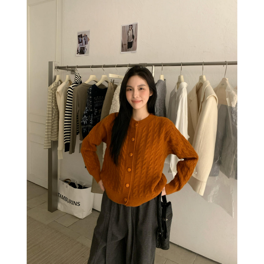 復古老錢麻花包釦開衫毛衣-細節圖2