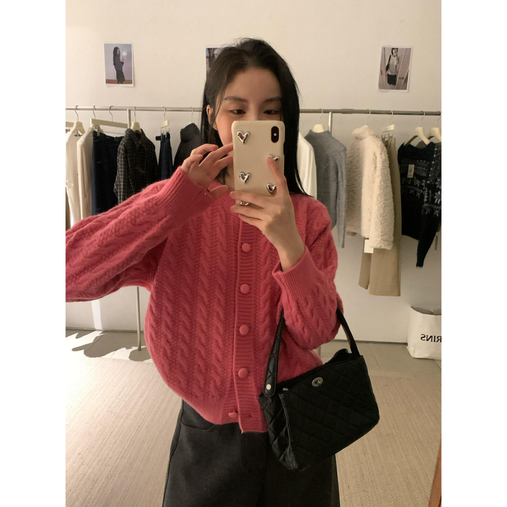 復古老錢麻花包釦開衫毛衣-細節圖6