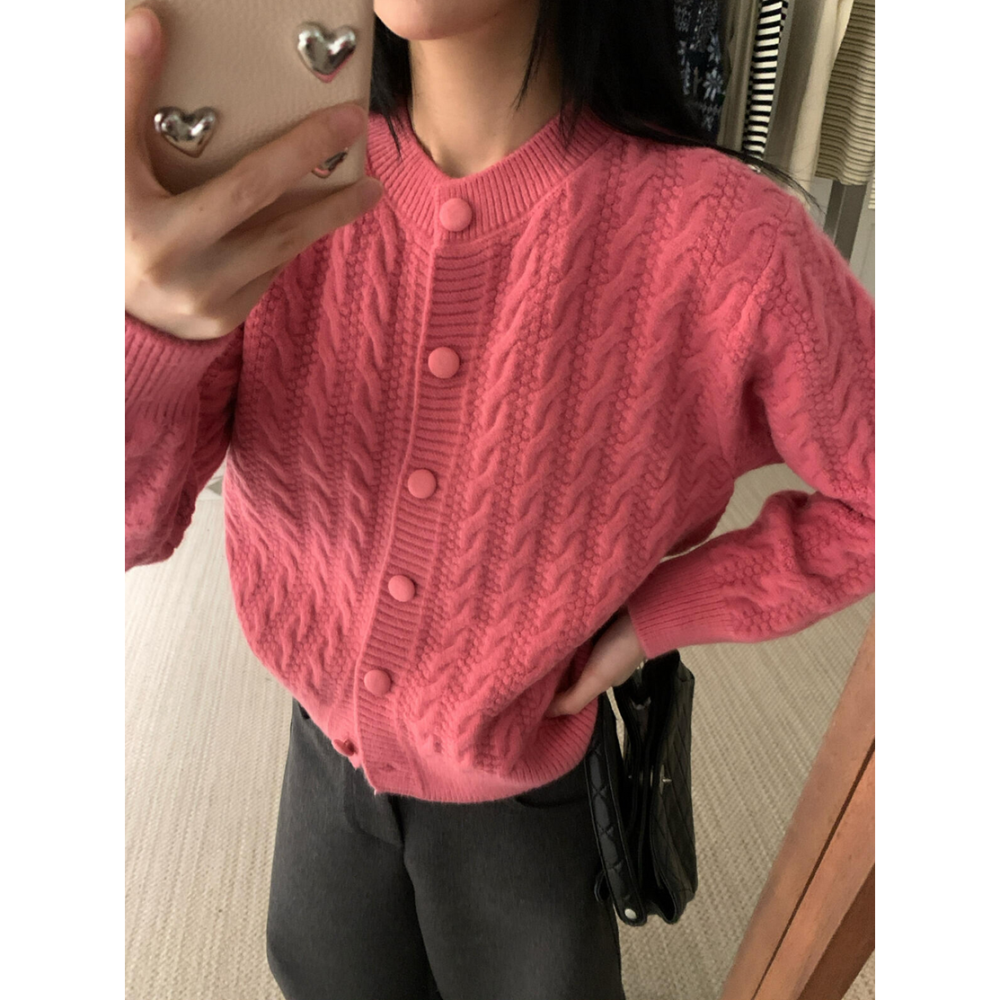 復古老錢麻花包釦開衫毛衣-細節圖7