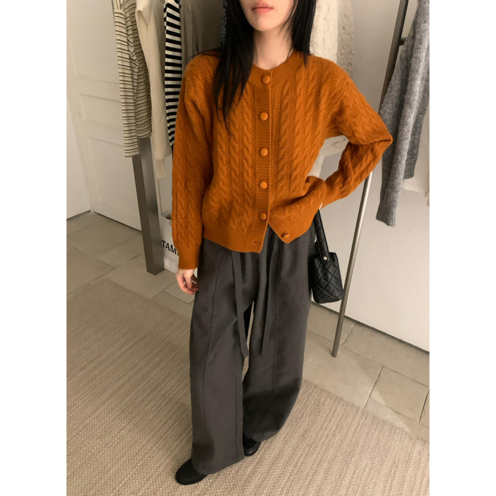 復古老錢麻花包釦開衫毛衣-細節圖8