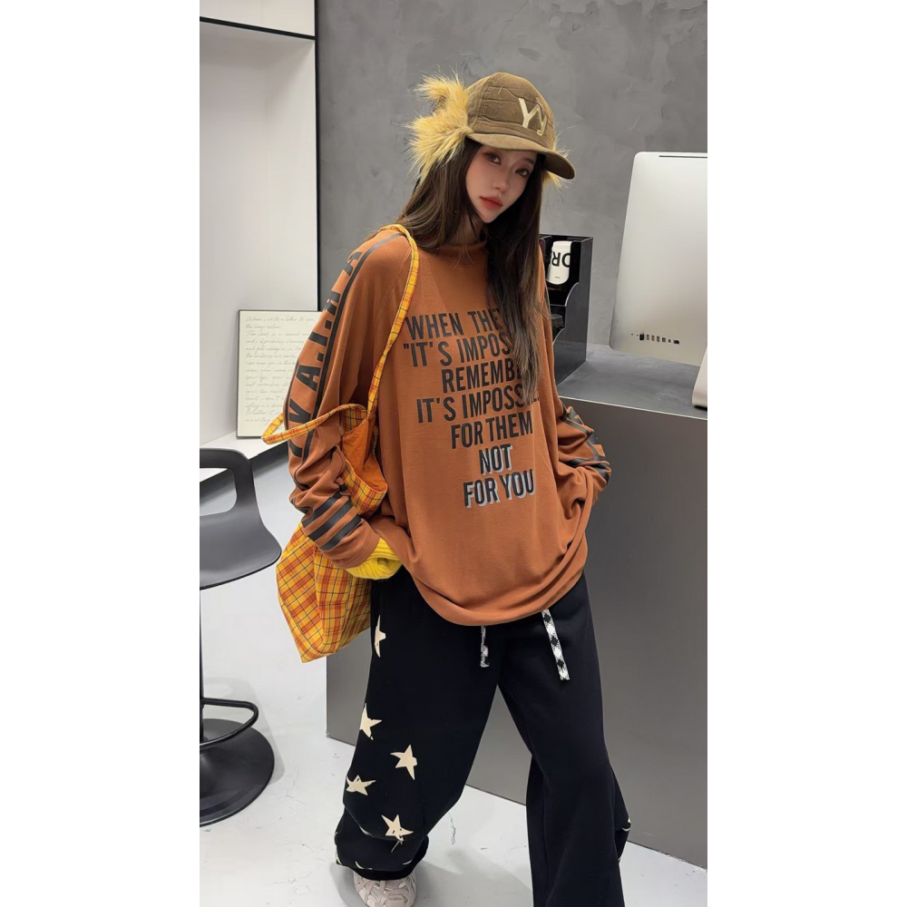 韓系休閒街頭字母印花半高領加絨長袖T恤寬鬆大碼打底上衣-細節圖2