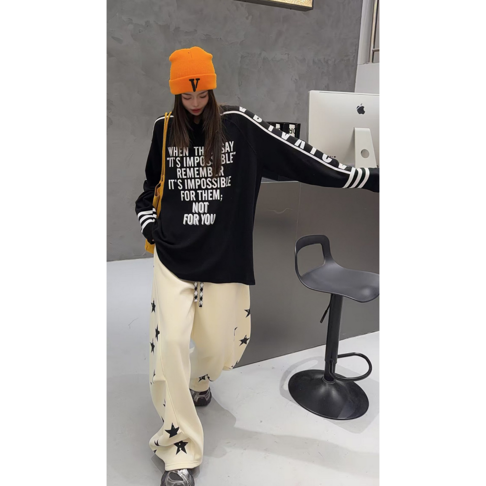 韓系休閒街頭字母印花半高領加絨長袖T恤寬鬆大碼打底上衣-細節圖3