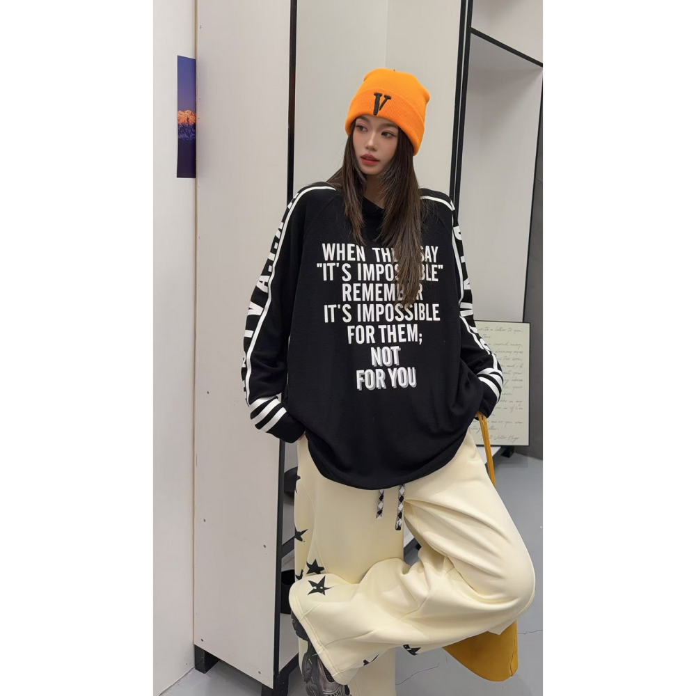 韓系休閒街頭字母印花半高領加絨長袖T恤寬鬆大碼打底上衣-細節圖4