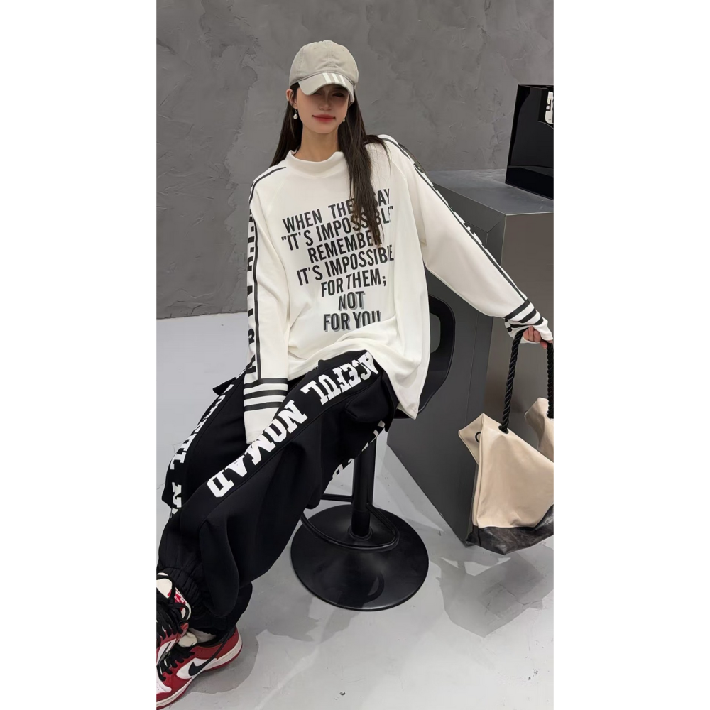 韓系休閒街頭字母印花半高領加絨長袖T恤寬鬆大碼打底上衣-細節圖5