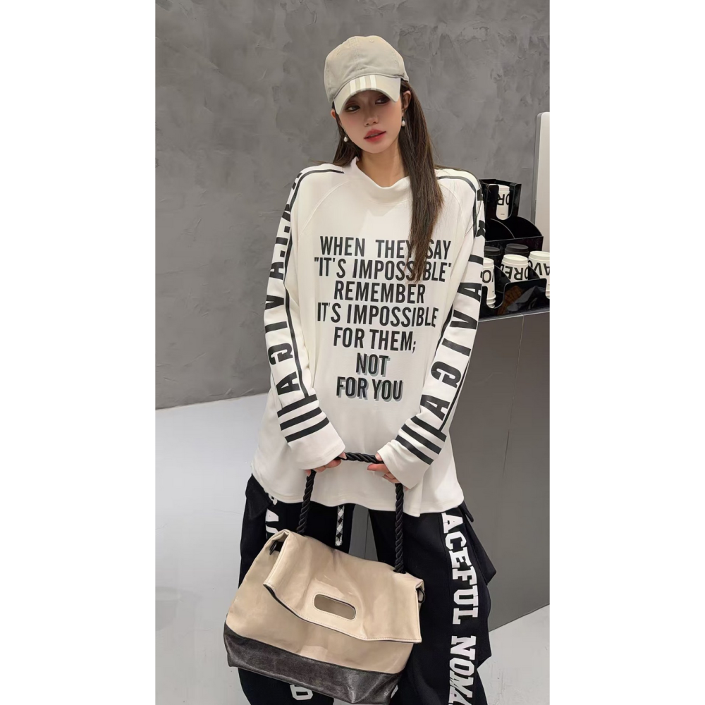 韓系休閒街頭字母印花半高領加絨長袖T恤寬鬆大碼打底上衣-細節圖6