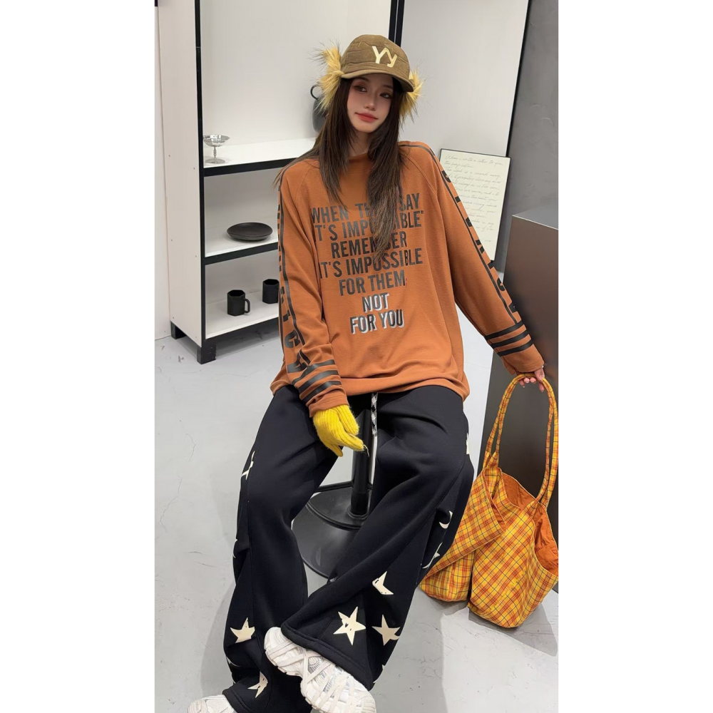 韓系休閒街頭字母印花半高領加絨長袖T恤寬鬆大碼打底上衣-細節圖7