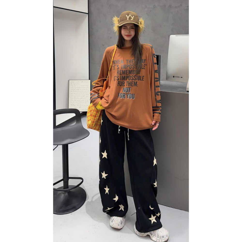 韓系休閒街頭字母印花半高領加絨長袖T恤寬鬆大碼打底上衣-細節圖8