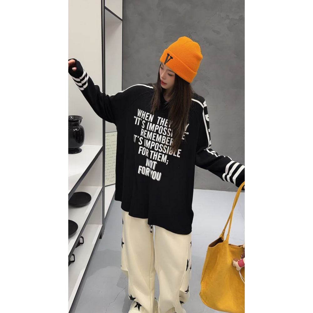 韓系休閒街頭字母印花半高領加絨長袖T恤寬鬆大碼打底上衣-細節圖9