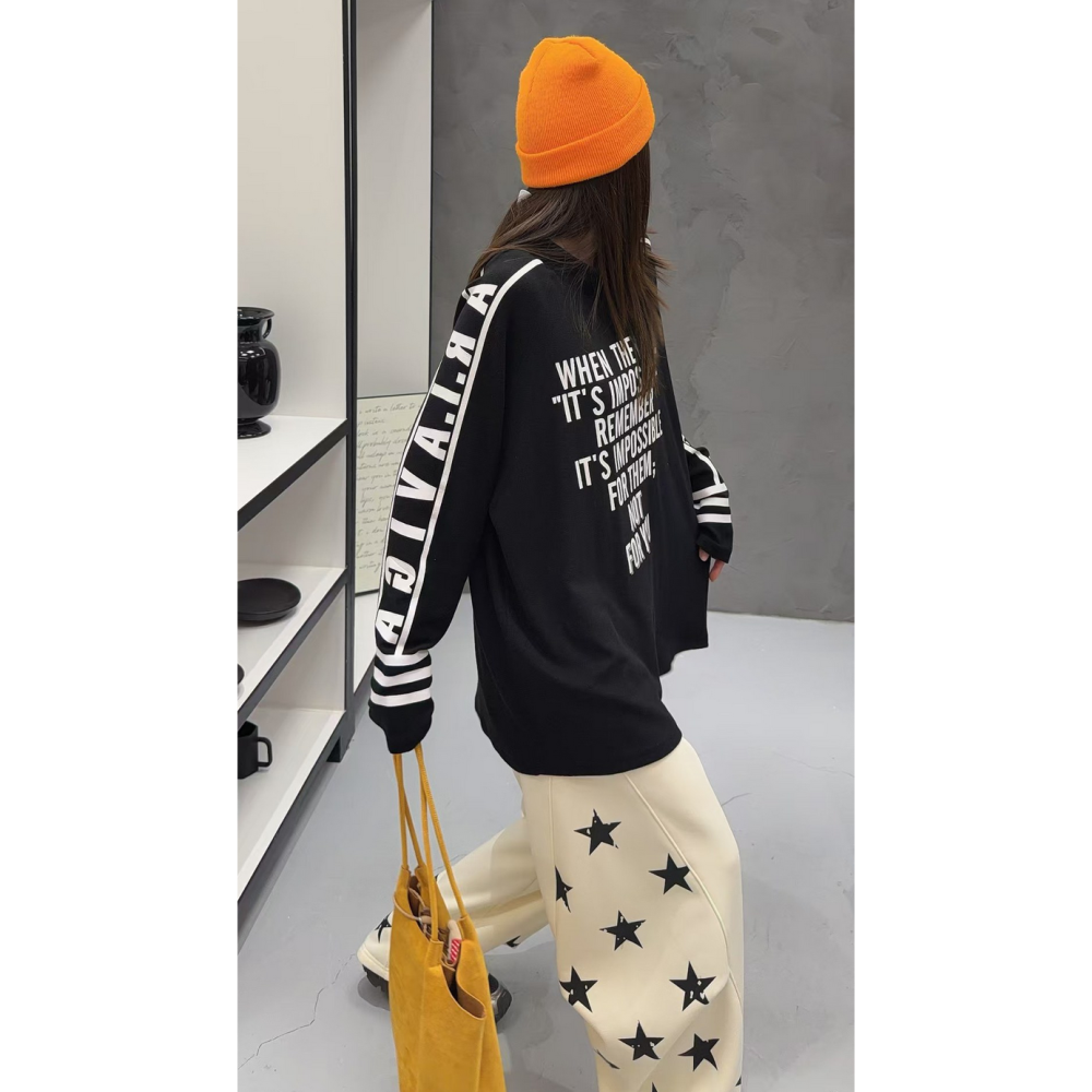 韓系休閒街頭字母印花半高領加絨長袖T恤寬鬆大碼打底上衣-細節圖10