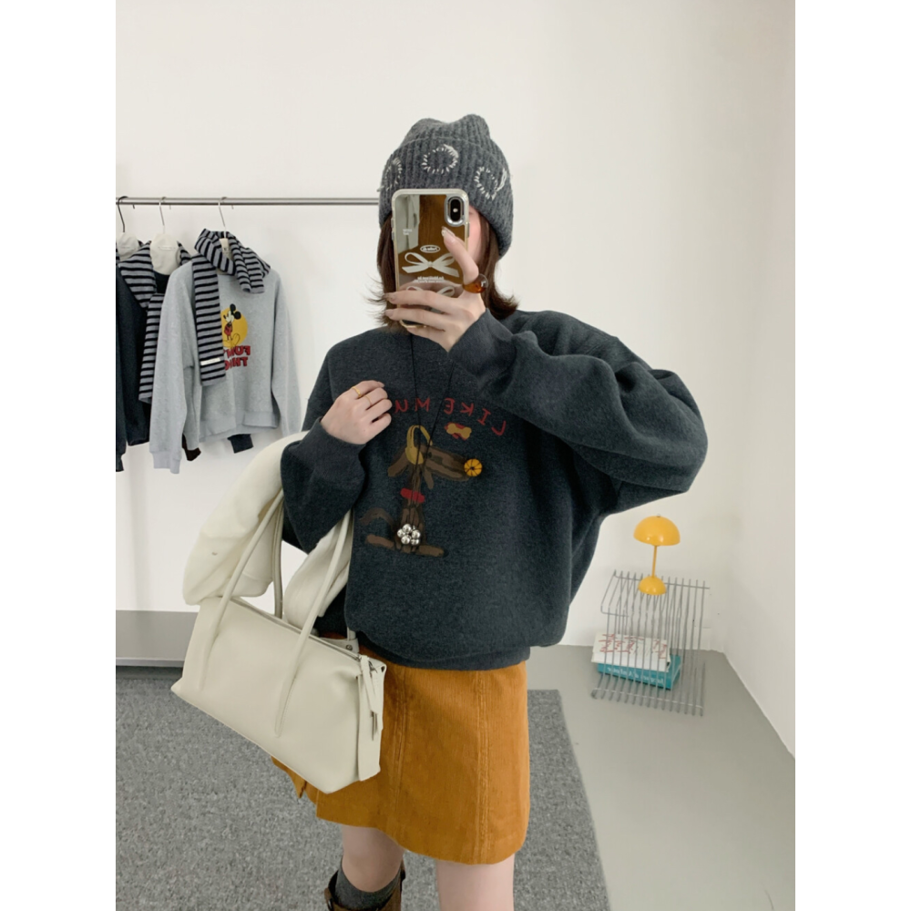 韓系減齡可愛加絨趣味小狗圖案衛衣大學T-細節圖2