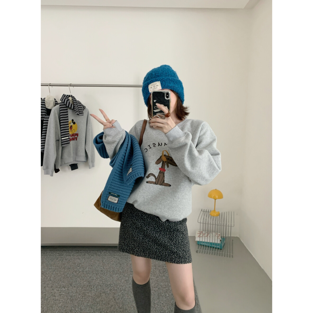 韓系減齡可愛加絨趣味小狗圖案衛衣大學T-細節圖5