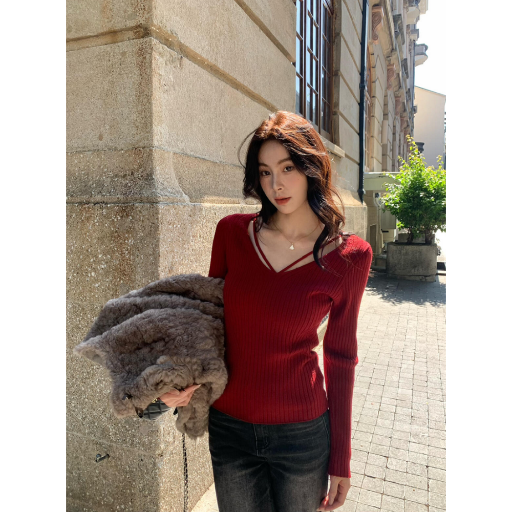 簡約V領粗坑條修身針織上衣-細節圖3