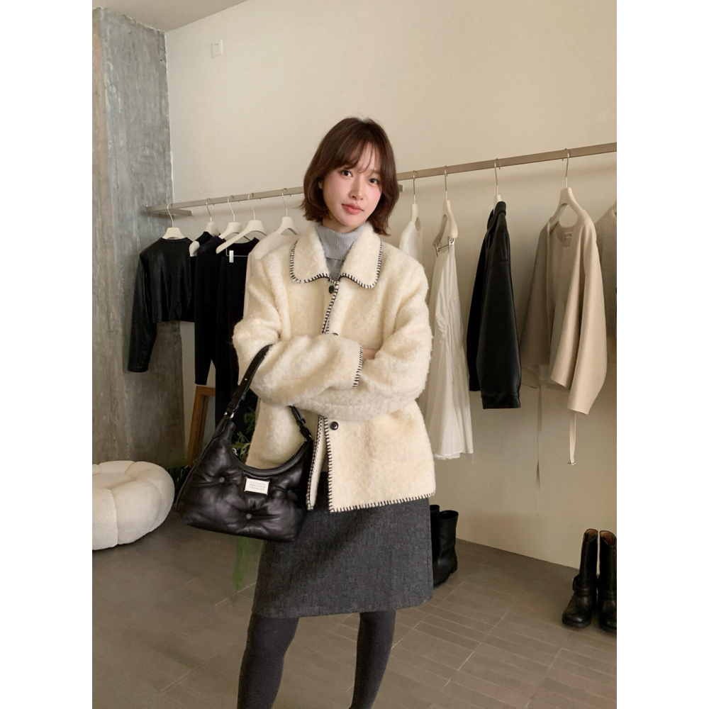 溫柔小香風中長版羊毛外套(50%羊毛)-細節圖2