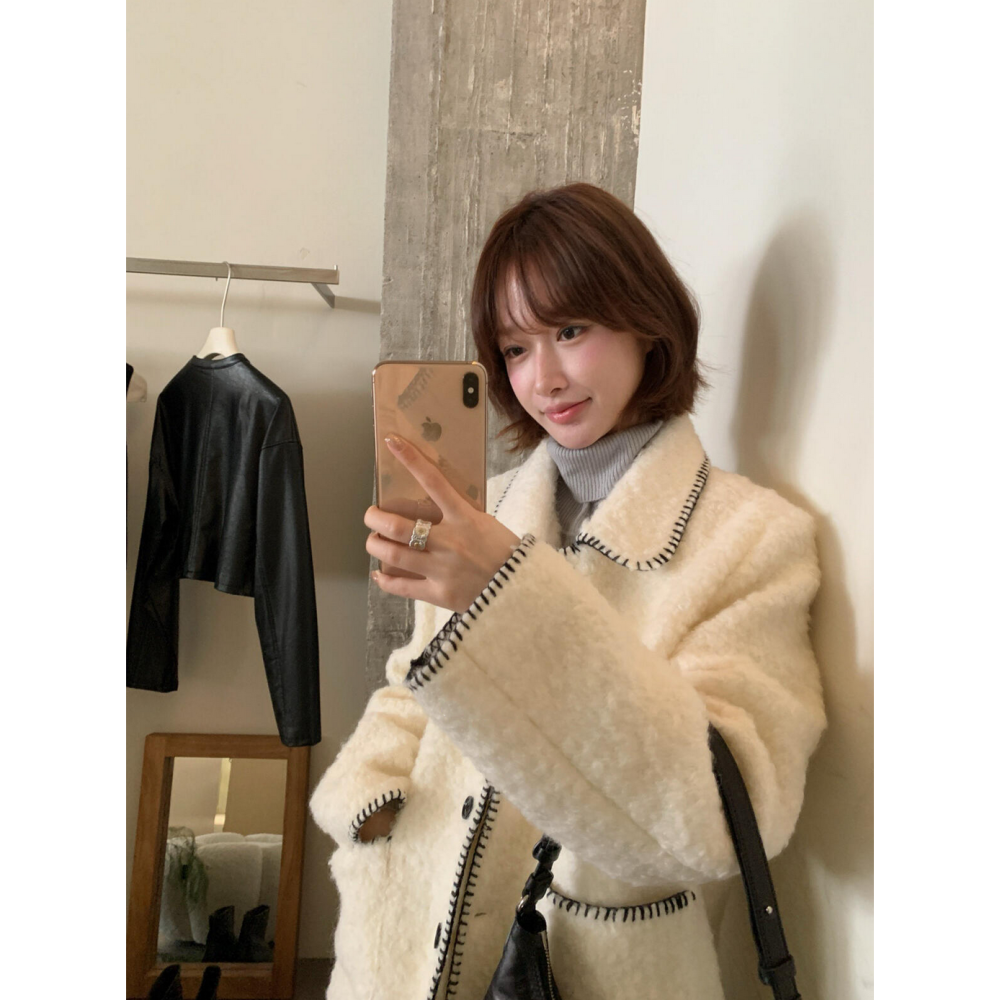 溫柔小香風中長版羊毛外套(50%羊毛)-細節圖3