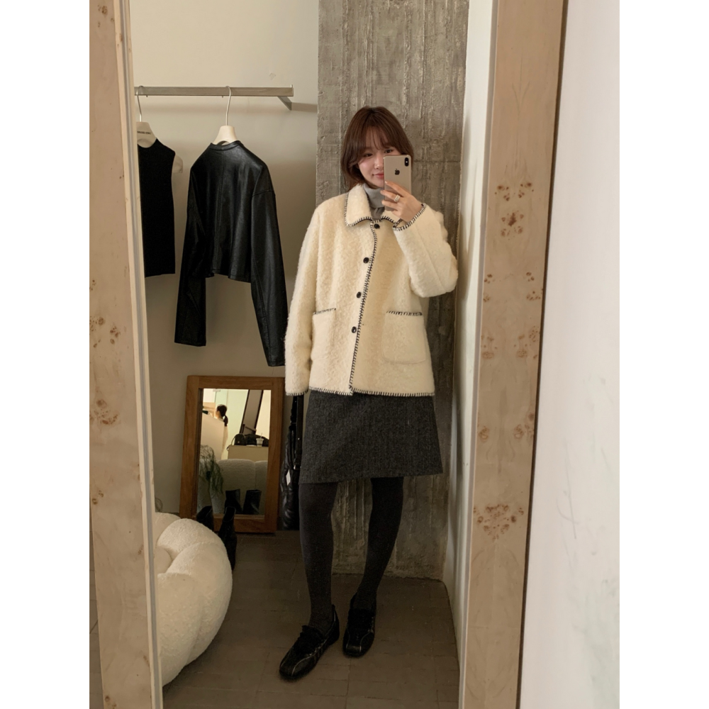 溫柔小香風中長版羊毛外套(50%羊毛)-細節圖5