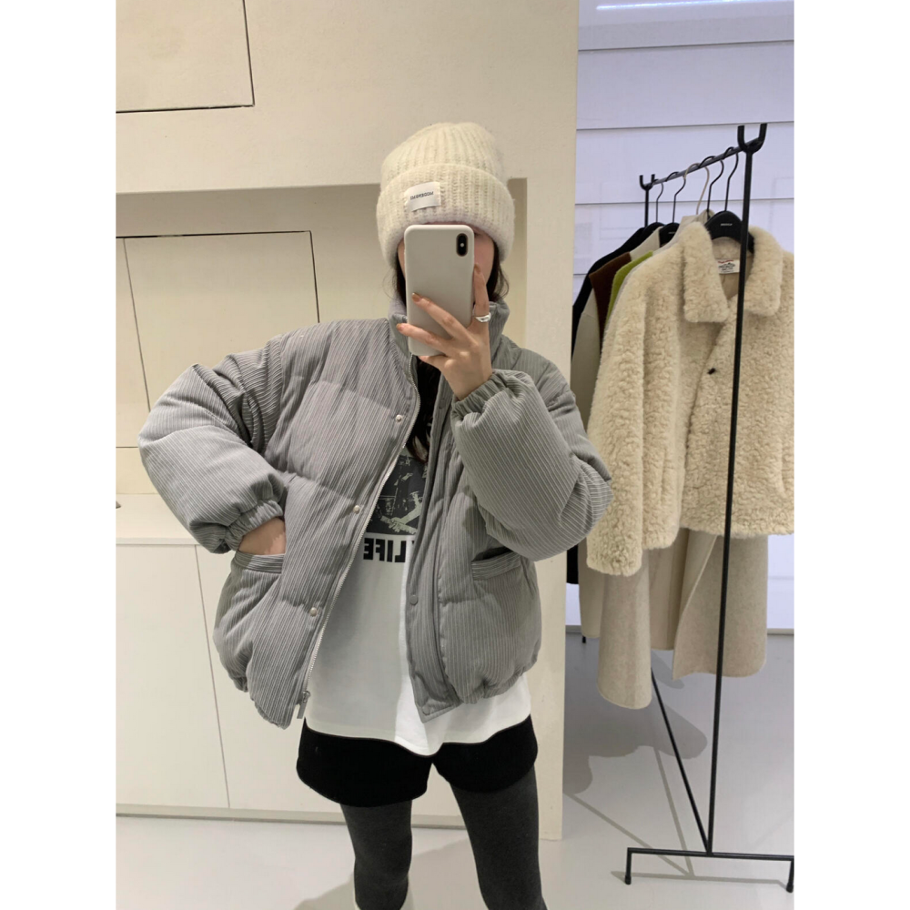 韓系休閒燈芯絨拉鍊羽絨外套(50%白鴨絨)-細節圖2