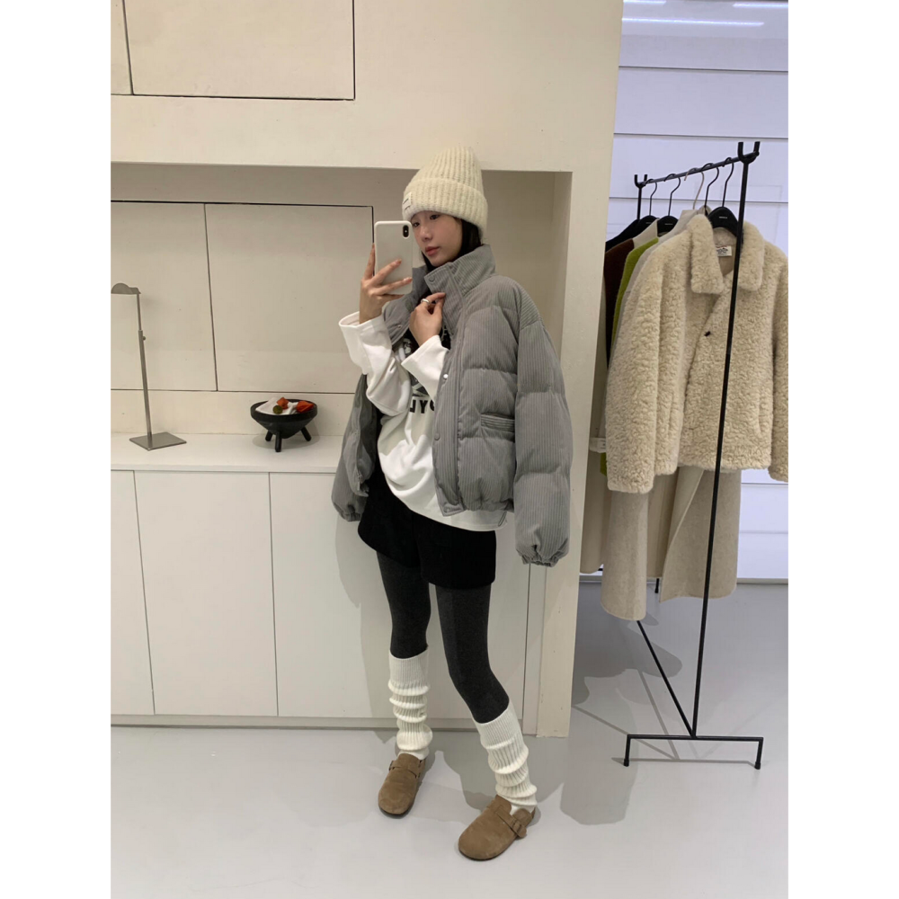 韓系休閒燈芯絨拉鍊羽絨外套(50%白鴨絨)-細節圖3