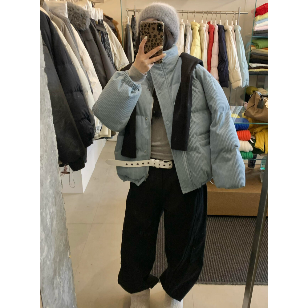 韓系休閒燈芯絨拉鍊羽絨外套(50%白鴨絨)-細節圖5