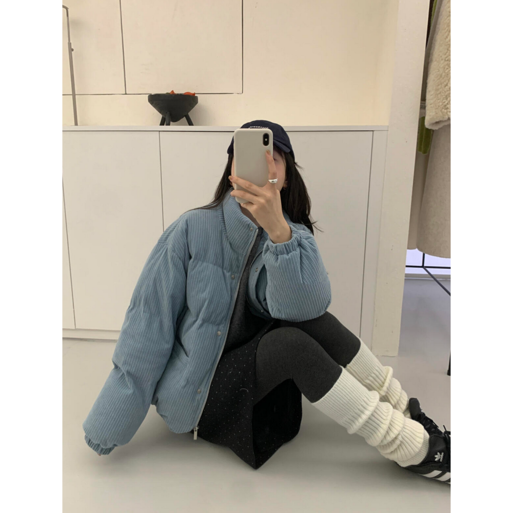 韓系休閒燈芯絨拉鍊羽絨外套(50%白鴨絨)-細節圖6