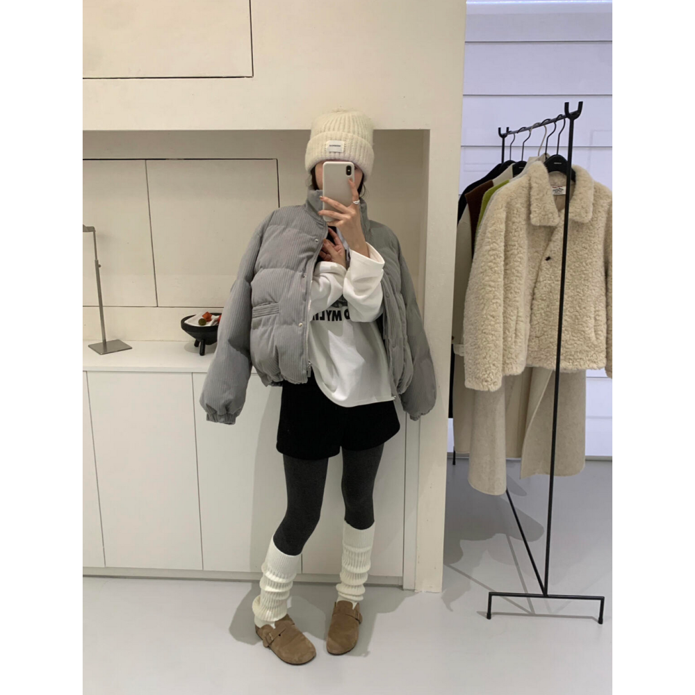 韓系休閒燈芯絨拉鍊羽絨外套(50%白鴨絨)-細節圖7