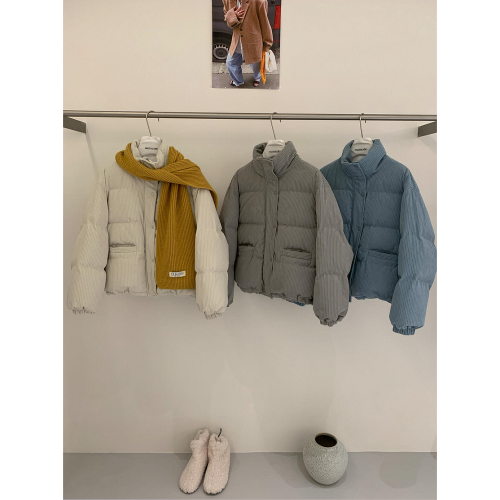 韓系休閒燈芯絨拉鍊羽絨外套(50%白鴨絨)-細節圖8