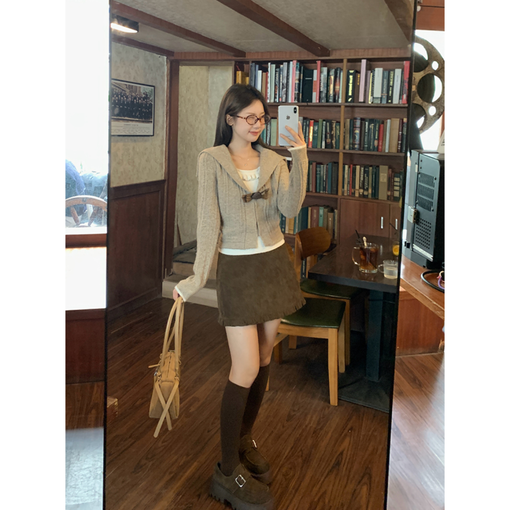 韓系高腰顯瘦燈芯絨花邊包臀短裙-細節圖2