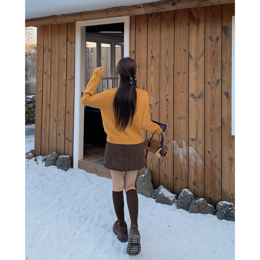 韓系高腰顯瘦燈芯絨花邊包臀短裙-細節圖7