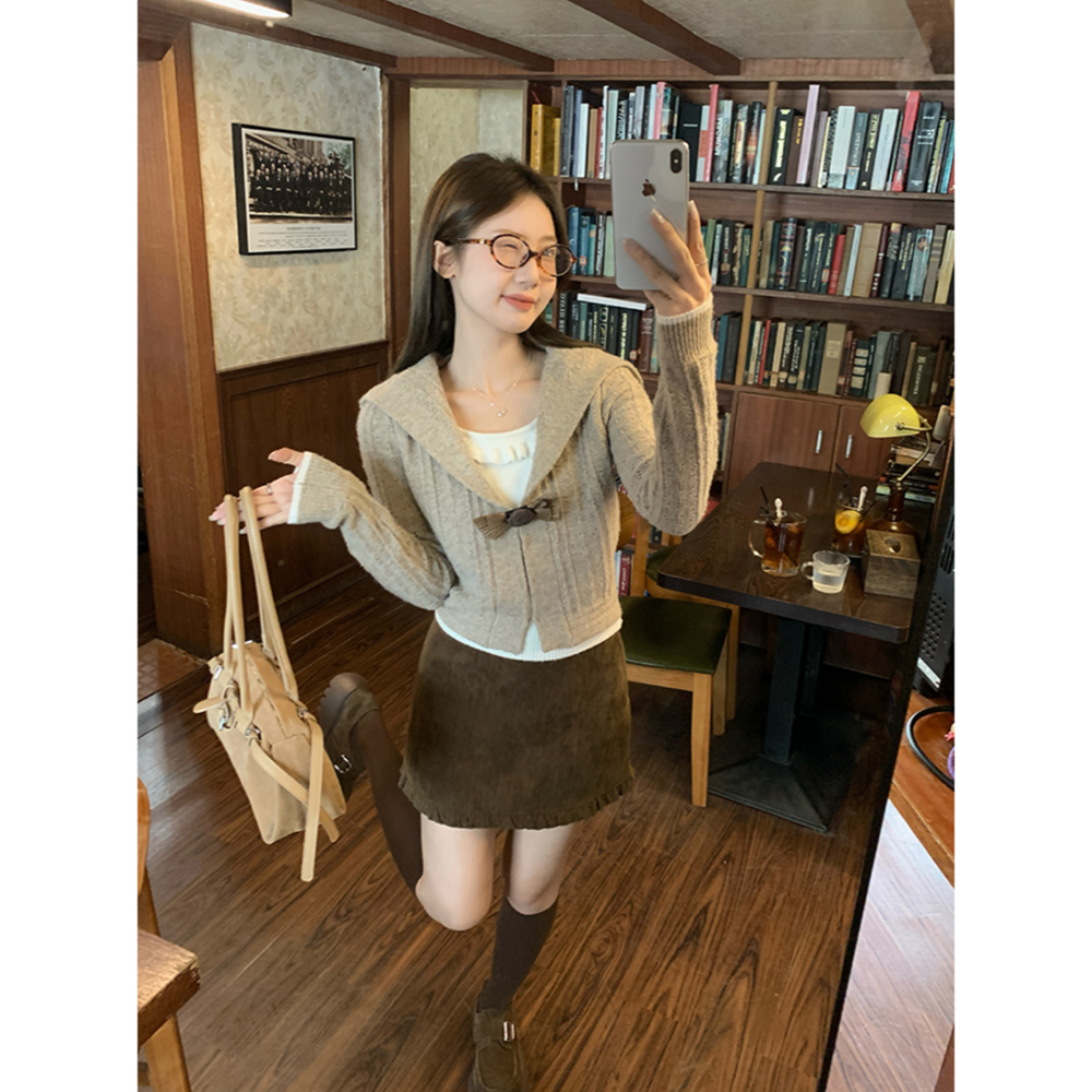 韓系高腰顯瘦燈芯絨花邊包臀短裙-細節圖8