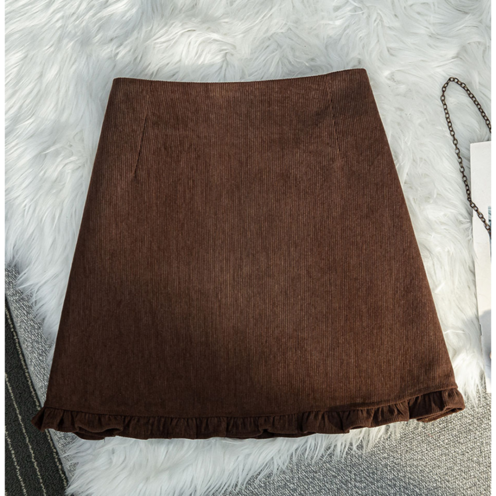 韓系高腰顯瘦燈芯絨花邊包臀短裙-細節圖11